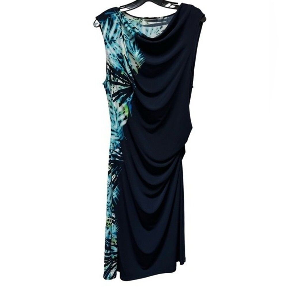Tahari Blue Side Ruched Floral Draped Neck Dress Size L